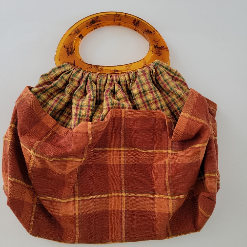Hand Crafted Orange Brown Plaid Tartan Clutch Purse Handbag Acrylic Handles - Picture 5 of 9